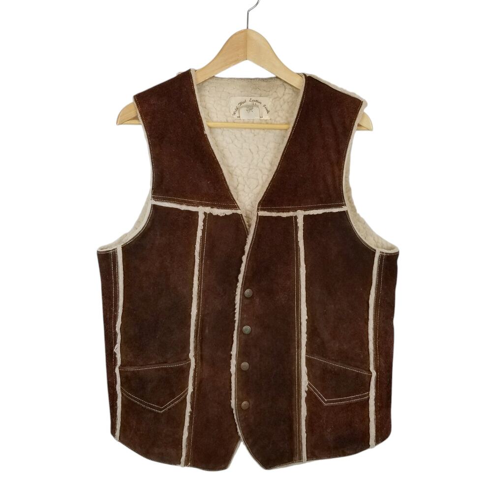 Wild West Leather Goods Western Vintage Brown Suede Sherpa Lined Vest Size 42 L